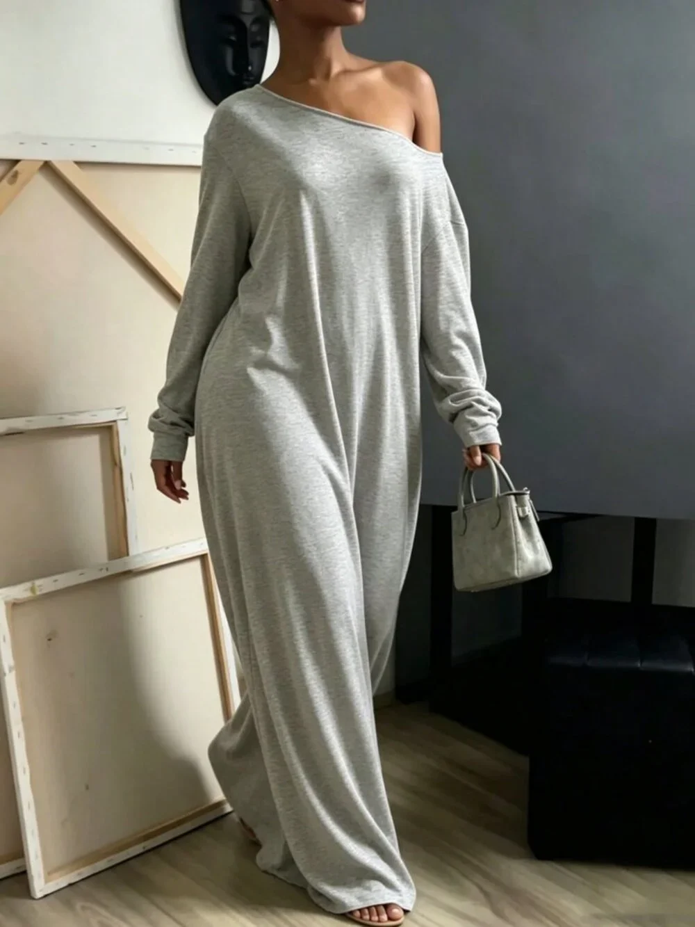 Grey Casual Women's Asymmetrical Shoulder Long Dress